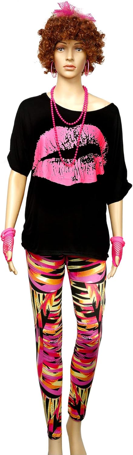 Blulu 80er Jahre Damen Kostüm Set, T Shirt, Legging Hose Ohrring Halskette Handschuhe Armband(Kurz Ä