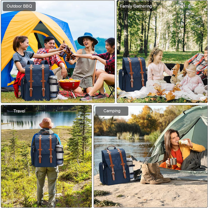 Picknick-Rucksack für 4 Personen mit grosser isolierter Kühltasche, Picknickkorb-Set mit Weinbeutel,