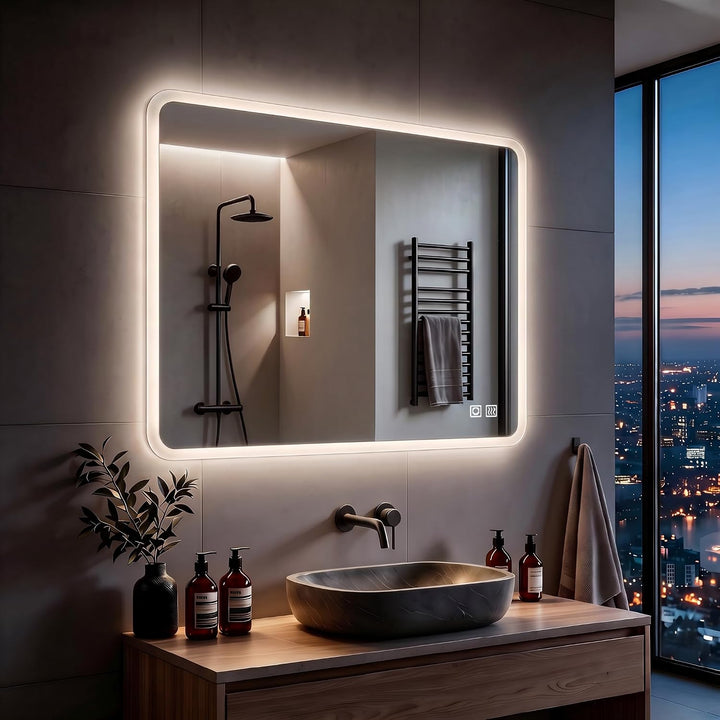 MIQU Badspiegel LED 60 x 50 cm Badezimmerspiegel mit Beleuchtung warmweiss/kaltweiss dimmbar Lichtsp