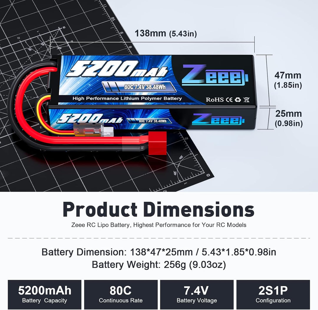 Zeee 2S Lipo Akku 5200mAh 7,4V 80C RC Lipo Batterien mit T Stecker für RC Evader BX Auto Car Truck L