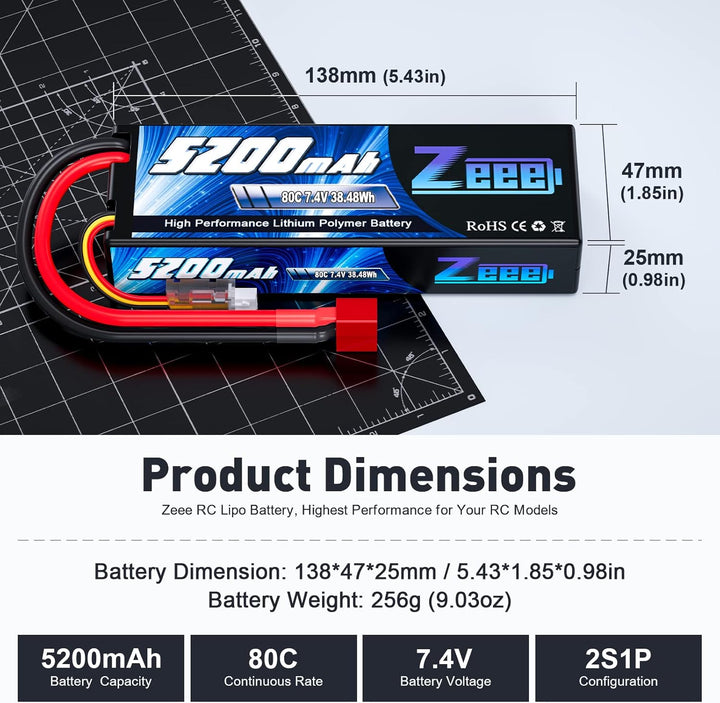 Zeee 2S Lipo Akku 5200mAh 7,4V 80C RC Lipo Batterien mit T Stecker für RC Evader BX Auto Car Truck L