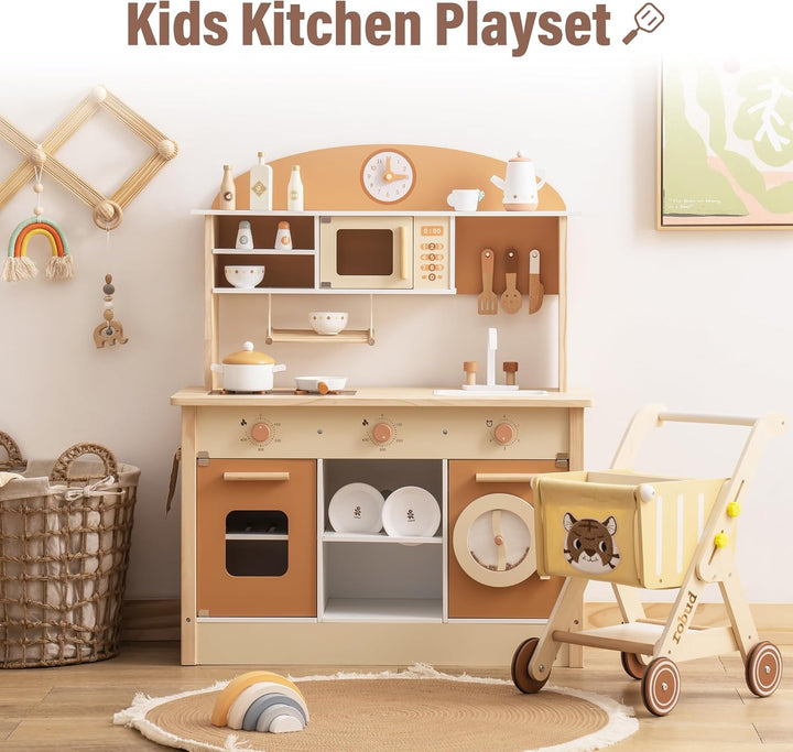 ROBUD Puppenküche aus Holz,Küche Spielset, Kleinkind Küche Set für Alter 3+ Karamellfarbe, Karamellf