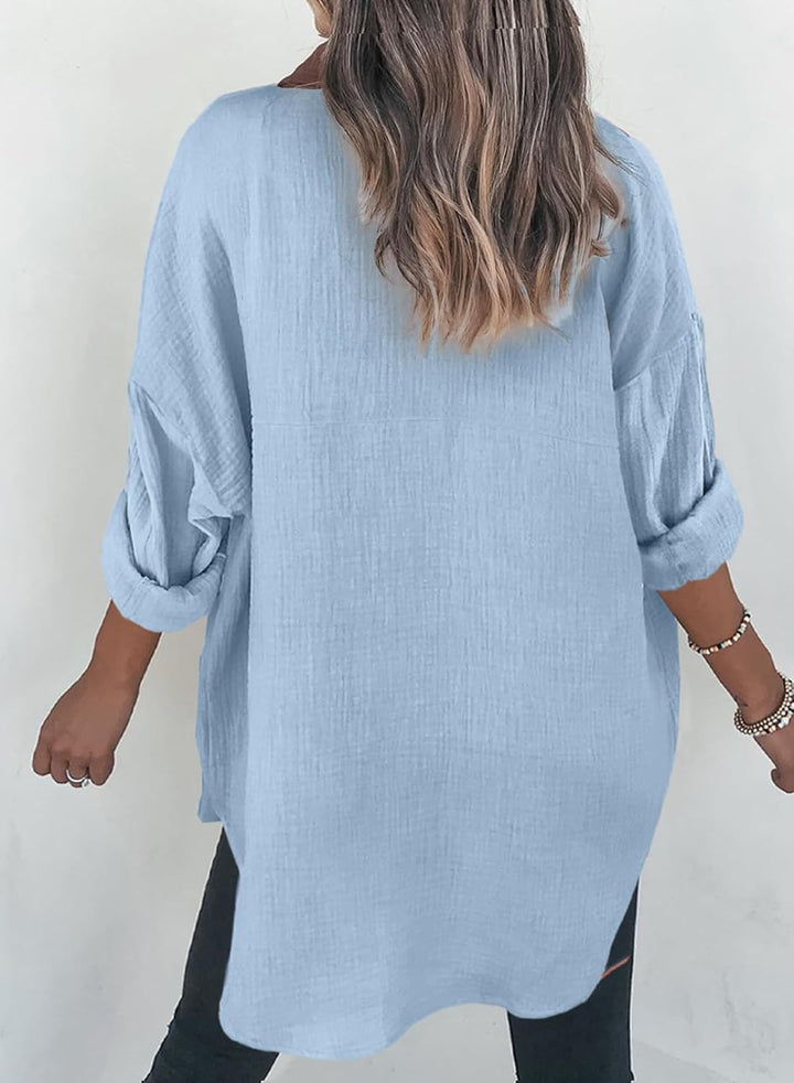 Dokotoo Bluse Damen Musselin Langarmshirt Baumwolle Lässig Oberteile Hemd Langarm Einfarbig Tops Far