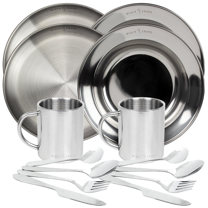 Black Snake® Camping Set - flacher & tiefer Edelstahl Teller mit Lunch-Besteck und Tasse - robustes