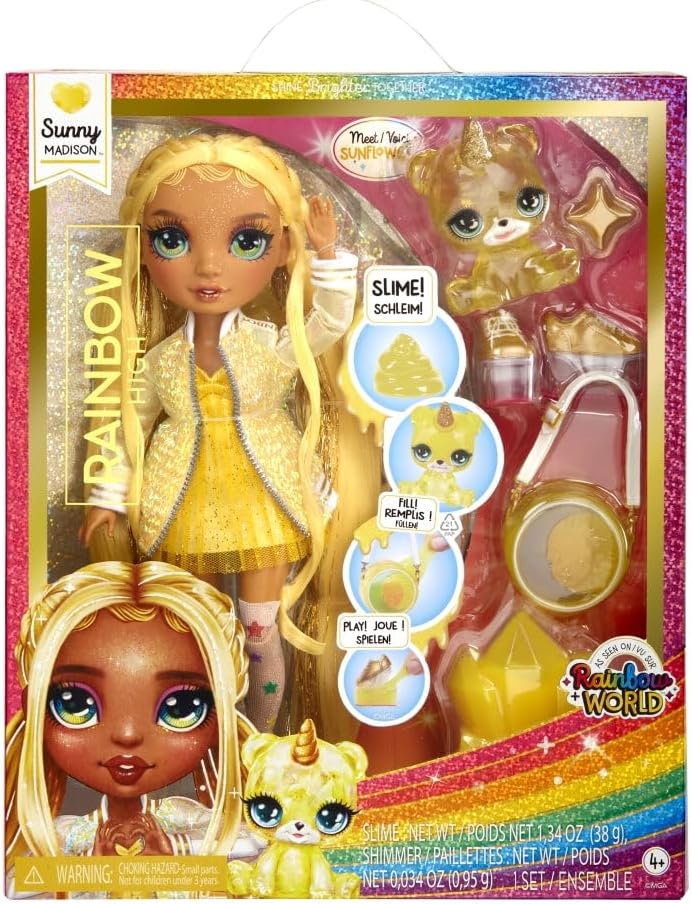 Rainbow High Modepuppe mit Schleim & Haustier - Sunny (Gelb) - 28 cm Schimmernde Puppe mit Glitzersc