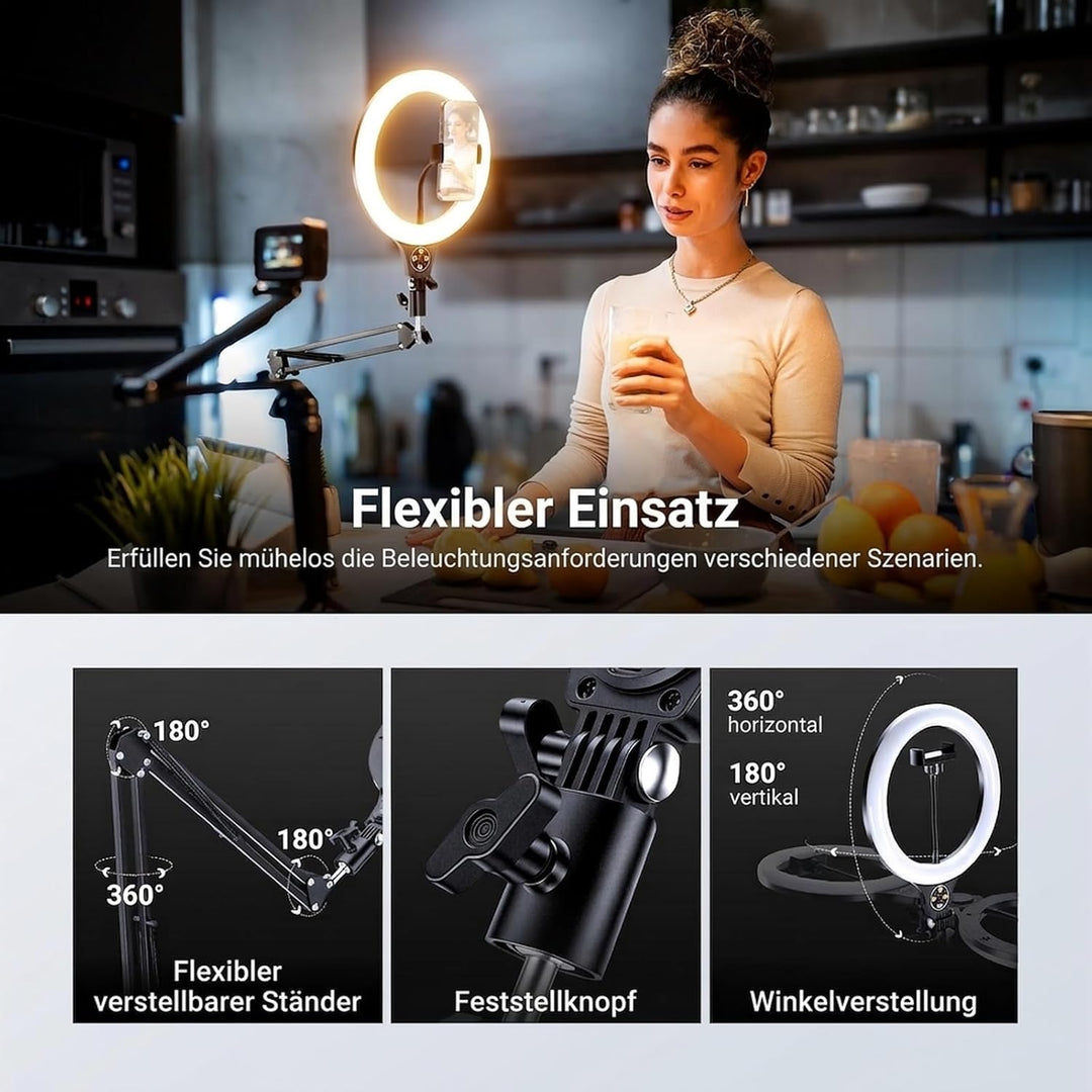 NEEWER Entry Level Version 10,5" 10W Ringlicht mit 46“-63" Stativ, Handyhalterung für Deckenmontage,