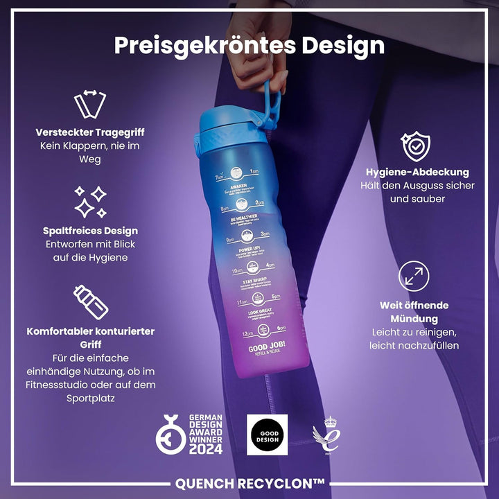 ion8 1 Liter Trinkflasche mit Zeitmarkierungen, Auslaufsicher, Einhandöffnung, Sichere Verriegelung,