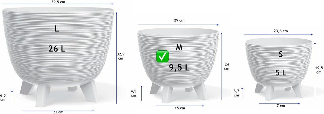 MELTOM Blumentopf mit Füssen aus Kunststoff Schale Rund Kräutertopf 3D Rillen (Weiss, M-29cm) M-29cm