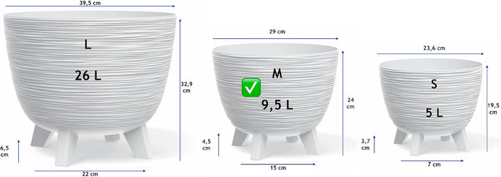 MELTOM Blumentopf mit Füssen aus Kunststoff Schale Rund Kräutertopf 3D Rillen (Weiss, M-29cm) M-29cm
