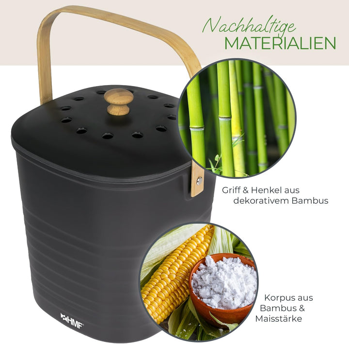 HMF Nachhaltiger Biomülleimer Küche, Geruchsdichter Komposteimer mit Deckel | 6 Liter | Schwarz Schw