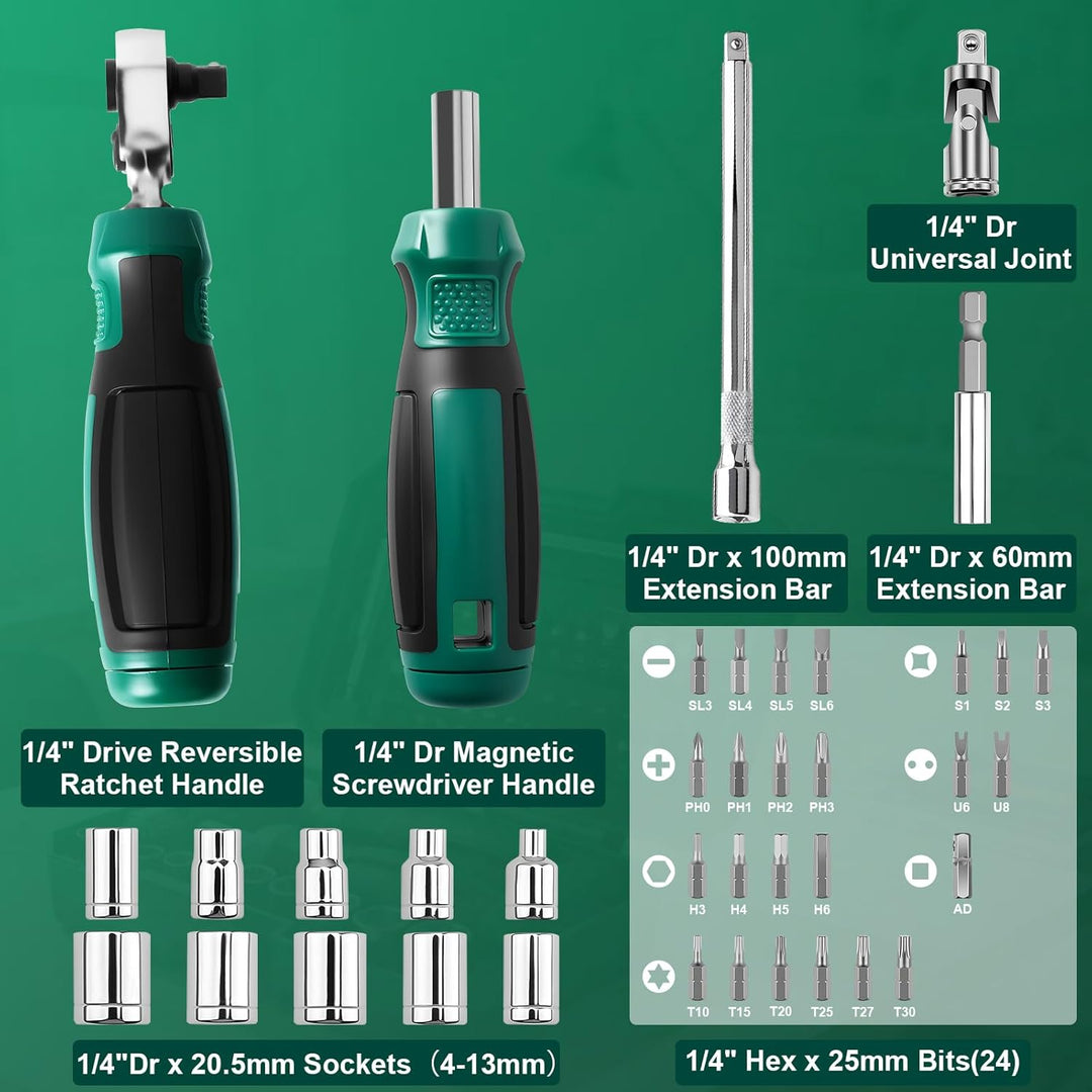 40-tlg Werkzeugkoffer,1/4 Zoll Ratschenschlüssel Set,Steckschlüsselsatz,Bits,Magnetgriff,Verlängerun