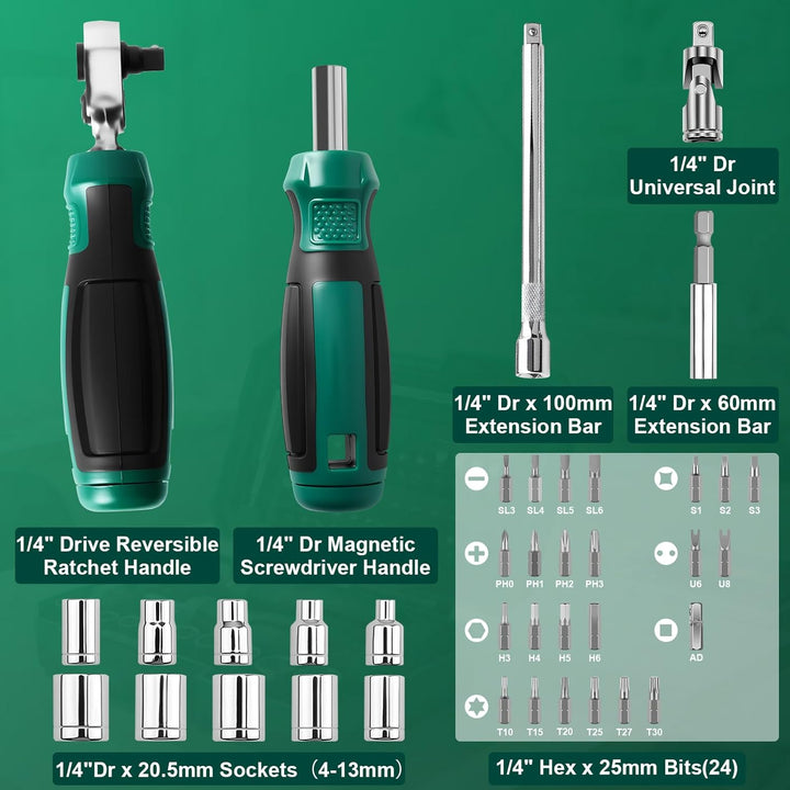 40-tlg Werkzeugkoffer,1/4 Zoll Ratschenschlüssel Set,Steckschlüsselsatz,Bits,Magnetgriff,Verlängerun