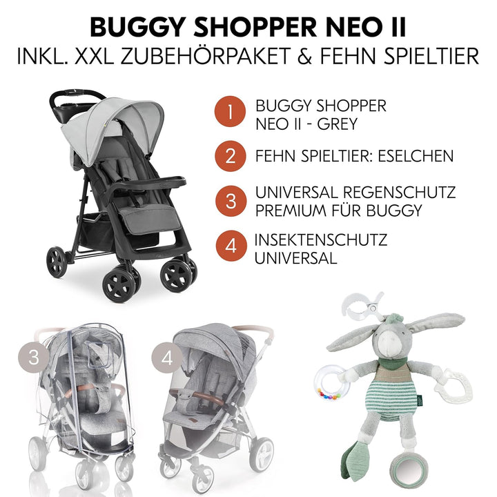 hauck Shopper Neo II Buggy inkl. Zubehör &amp; Fehn Spieltier - Grey | Sportbuggy mit Einhand-Faltmechan