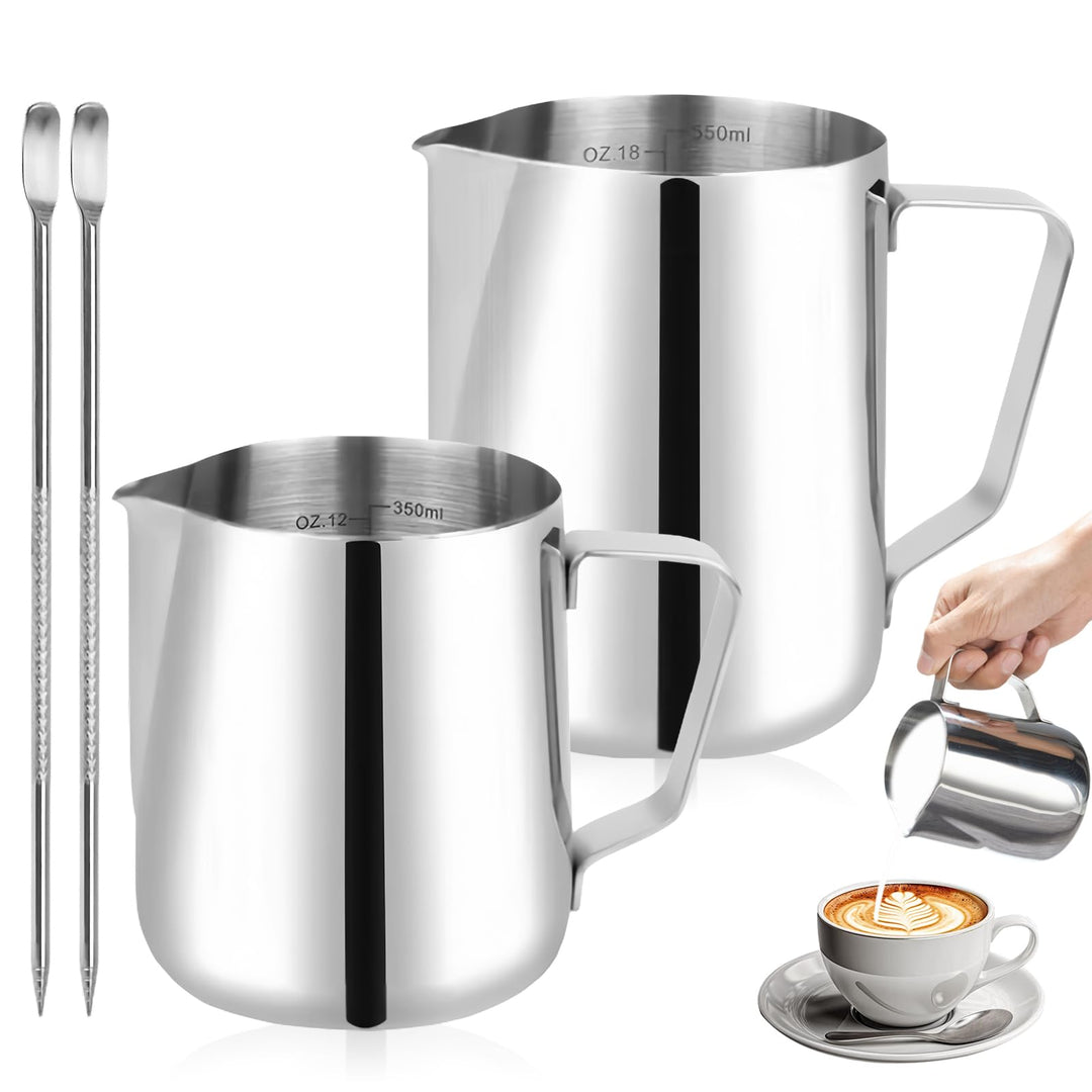 Milchkännchen Edelstahl, 2 Stück Milchschaumkännchen 350ml und 600ml, Milchkanne Edelstahl, Silber M