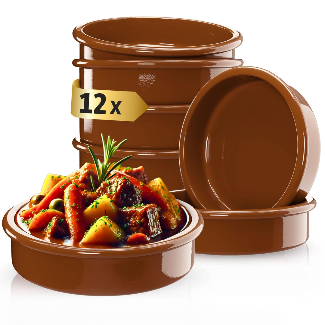 ToCi 12 x Tapas-Schalen Braun Ø 11,5 cm – Spanische Cazuela Schälchen aus Ton 175 ml - Kleine Auflau