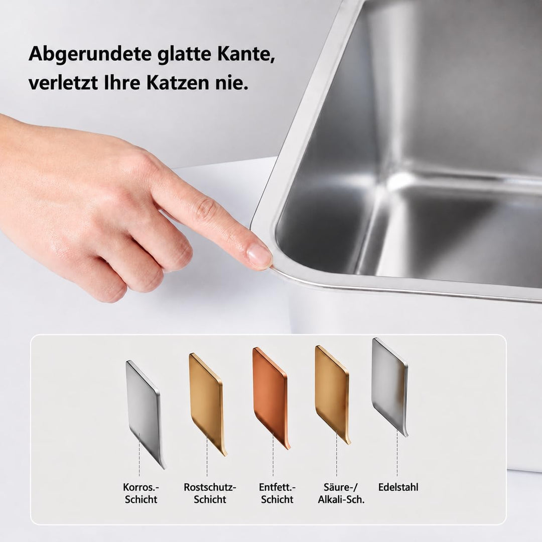 Premium Katzenklo Edelstahl, Gross Metall Katzentoilette mit Hohen Rand, Rostfrei, Antihaftbeschicht