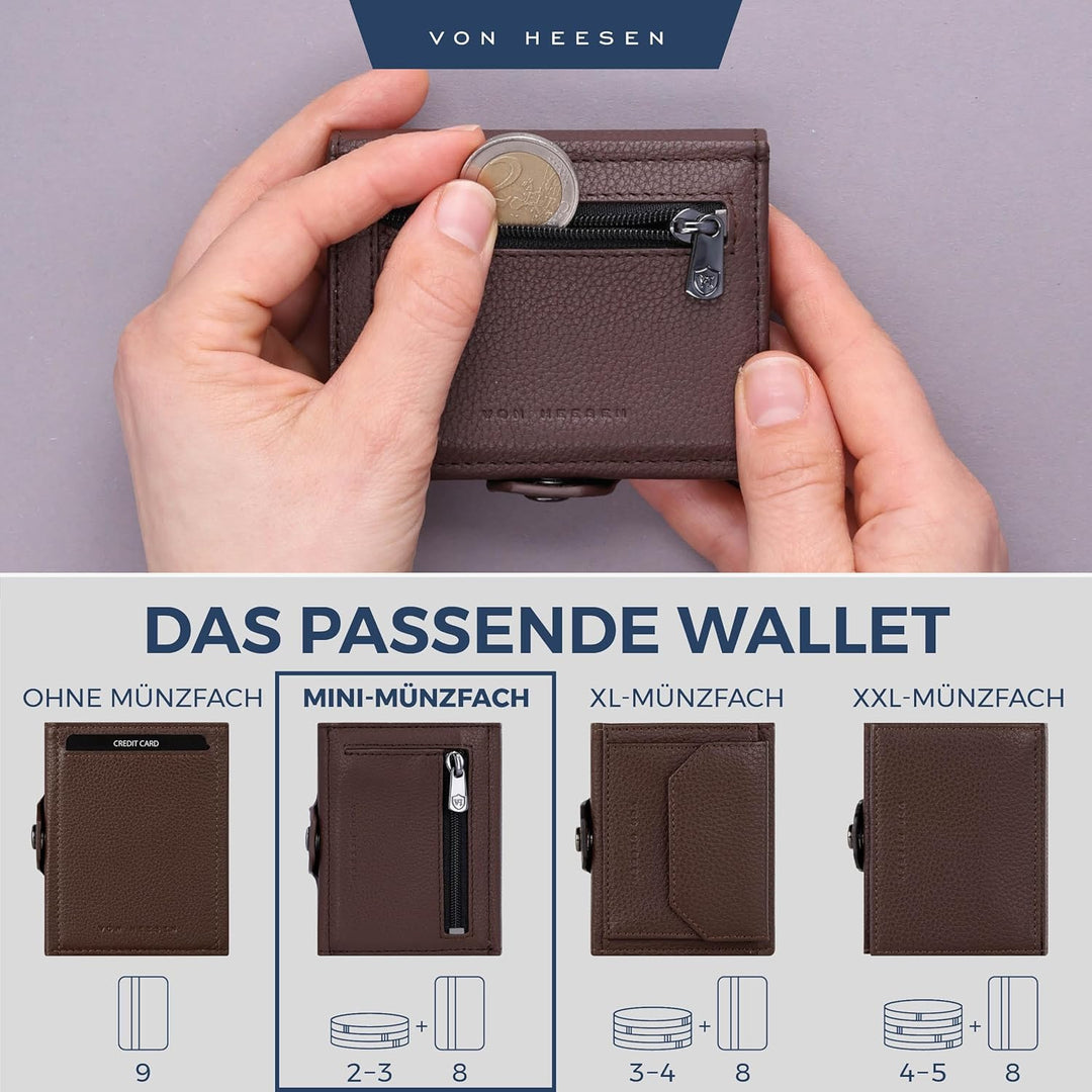 VON HEESEN Slim Wallet mit Münzfach Braun Dunkelbraun MINI MÜNZFACH (Kartenslot), Dunkelbraun MINI M