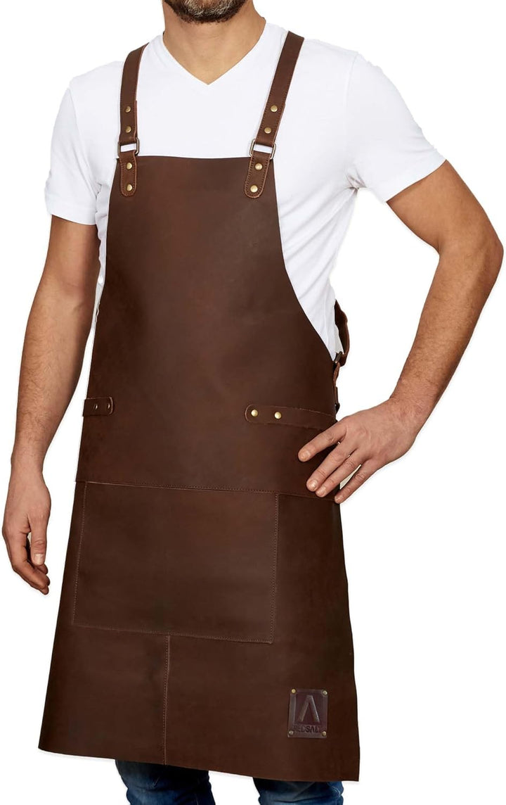 REDSALT® Premium Lederschürze 100% Büffel Leder 84x62cm Crossback braun | Profi BBQ Grillschürze | A