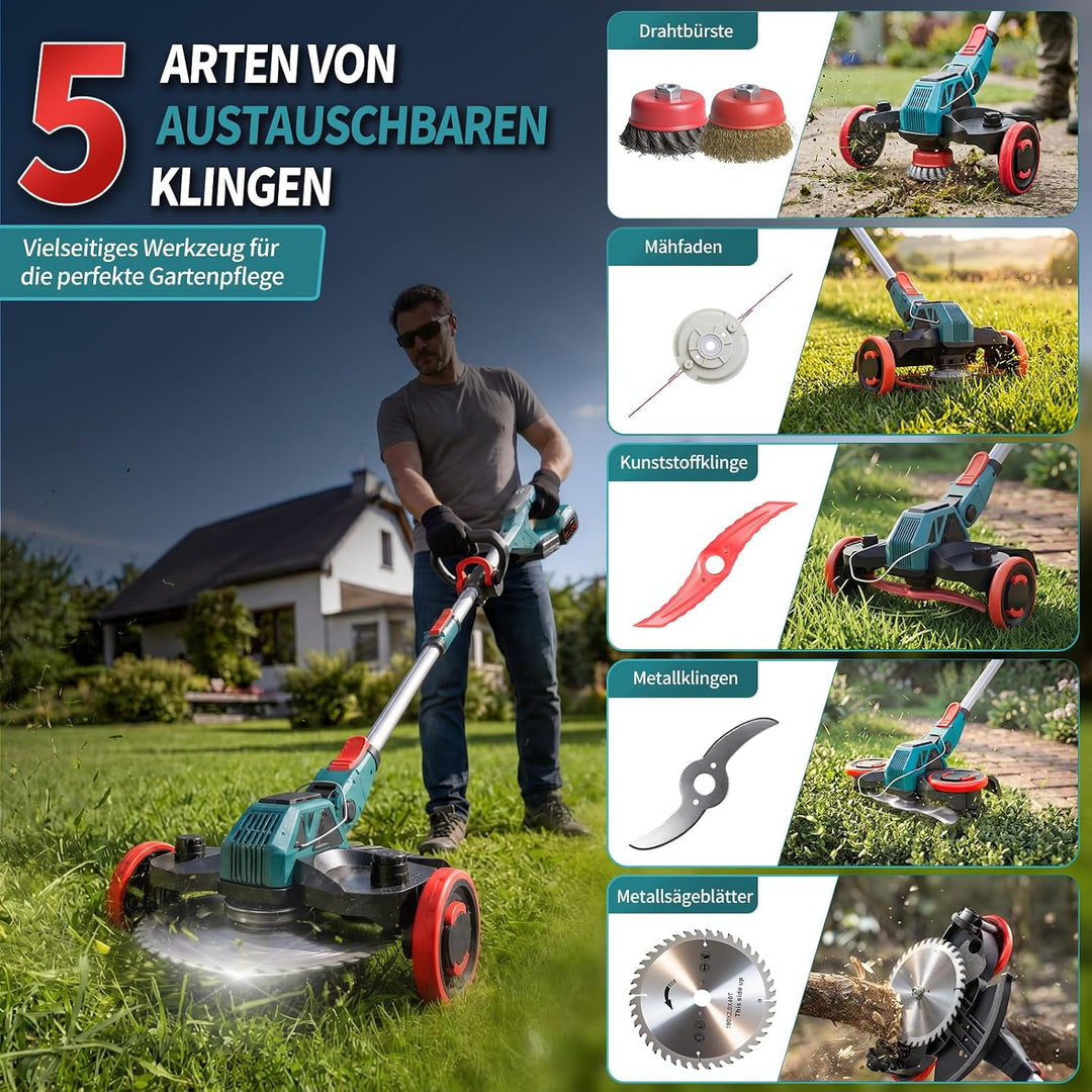 Rasentrimmer mit Akku, 5-IN-1 Rasentrimmer mit Unkrautbürste/Rädern, 21V/2 * 4.0Ah Akku Rasentrimmer