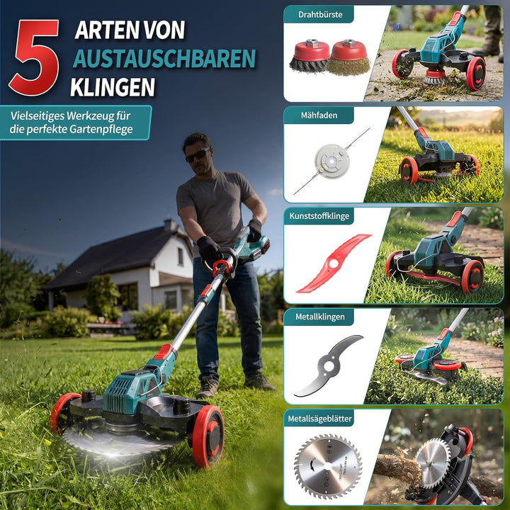 Rasentrimmer mit Akku, 5-IN-1 Rasentrimmer mit Unkrautbürste/Rädern, 21V/2 * 4.0Ah Akku Rasentrimmer