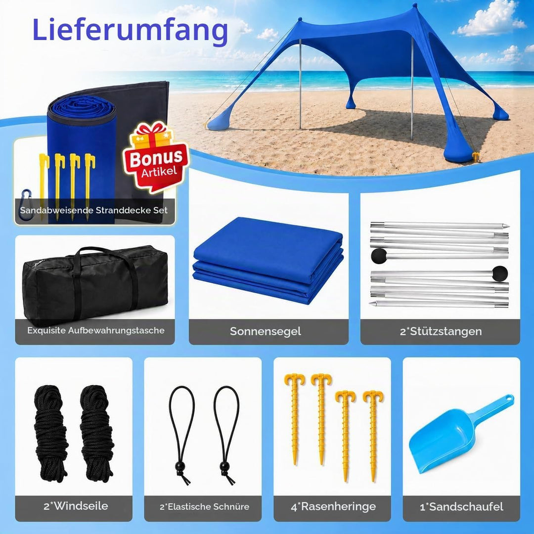 Strandzelt mit Strandmatte, LSF 50+ Hochschutz, 2x2x2m, inkl. Sandanker, Alu-Stangen &amp; Tragetasche,