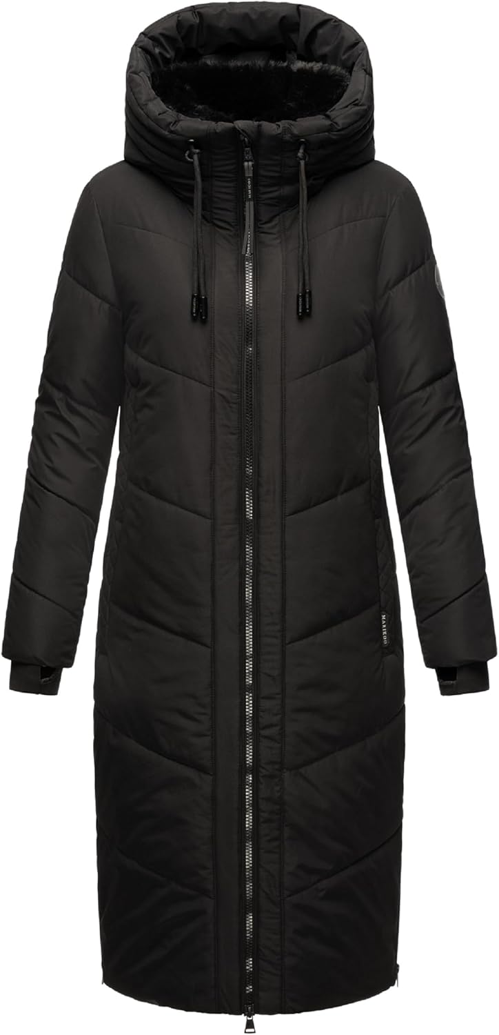 MARIKOO Damen Wintermantel warmer Steppmantel lang mit verstellbarer Kapuze und hohem Kragen Nadaree
