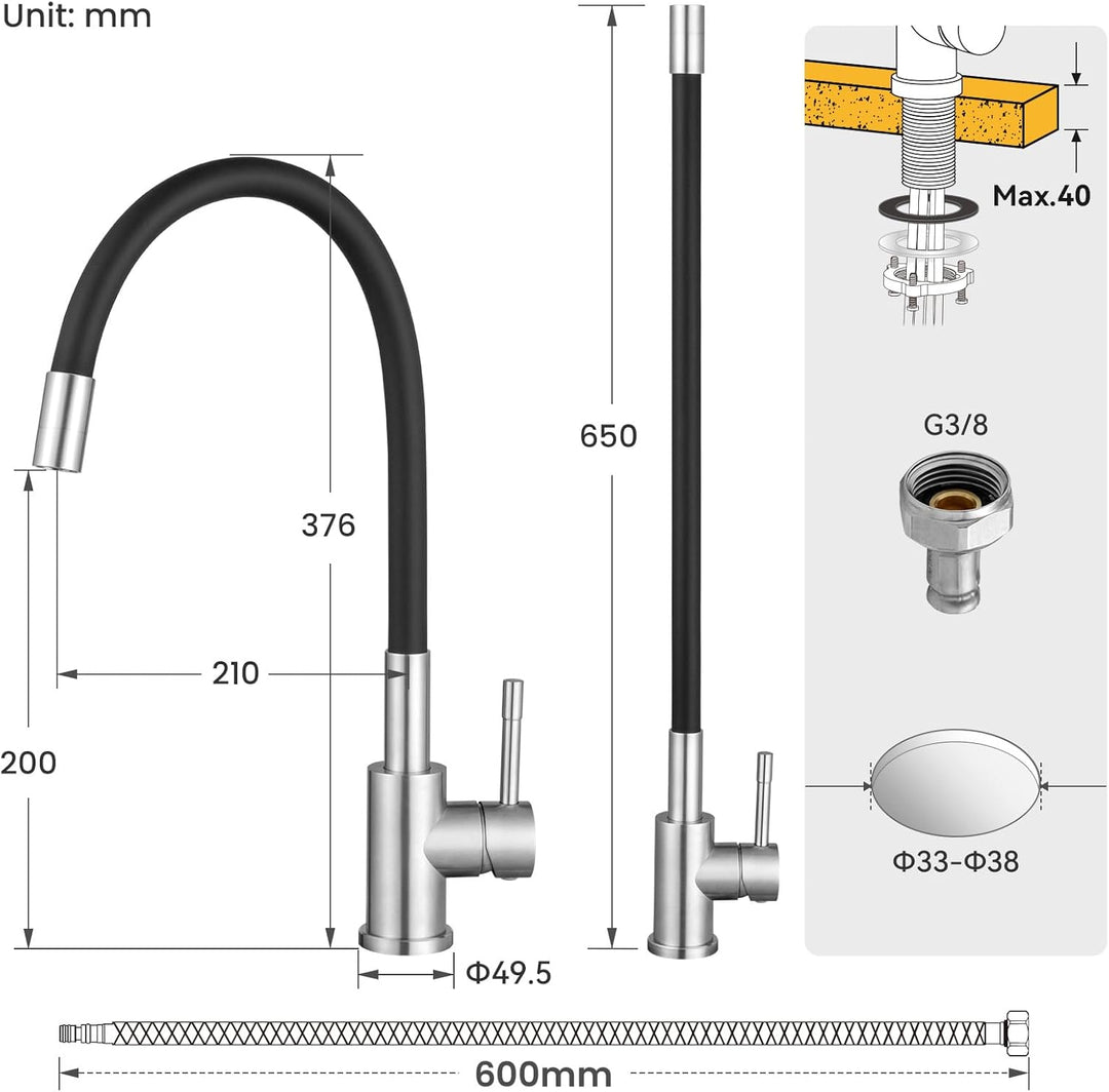 CECIPA Flexibler Wasserhahn Küche Schwarz 360° Schwenkbar, Mischbatterie Küche Schwarz Hochdruck, Sp