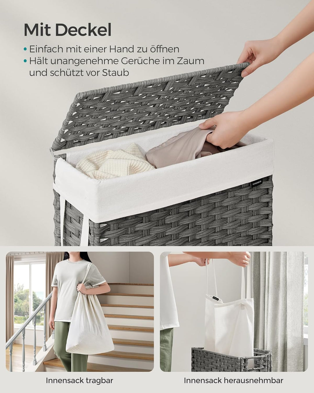 SONGMICS Wäschekorb schmal, Wäschesammler 55 L, Wäschebox aus synthetischem Rattan, mit Deckel und G