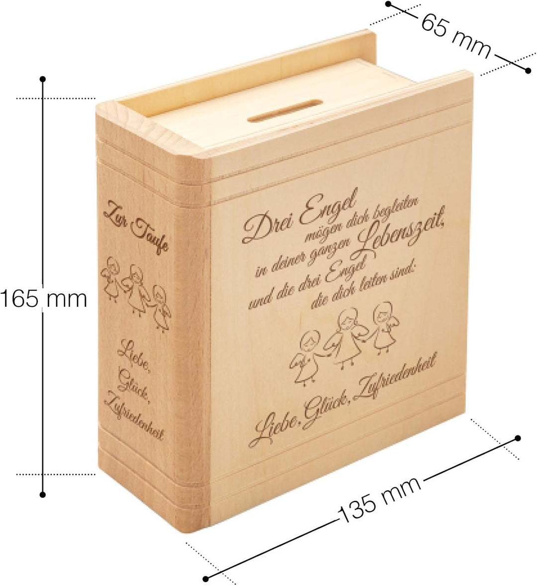 Casa Vivente Spardose aus Holz mit Gravur zur Taufe, Motiv Engel, Sparbüchse als Taufgeschenk für Mä