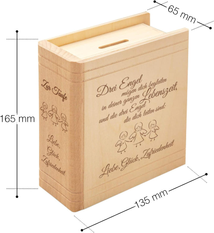 Casa Vivente Spardose aus Holz mit Gravur zur Taufe, Motiv Engel, Sparbüchse als Taufgeschenk für Mä