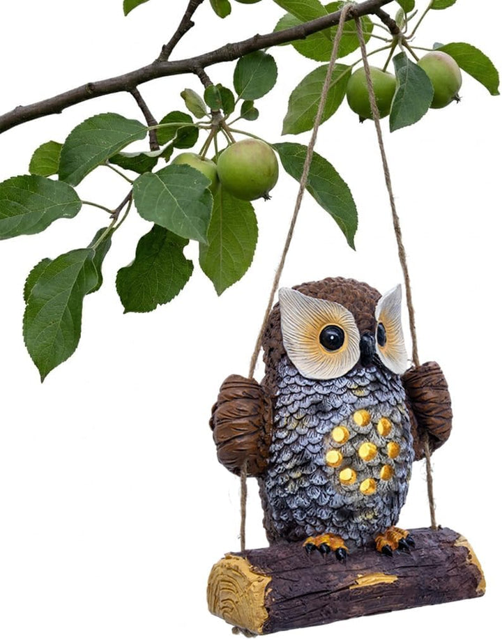 Spetebo Solar Gartenfigur Eule auf Schaukel zum Hängen - 17 x 14 cm - Eulenfigur warm weiss beleucht