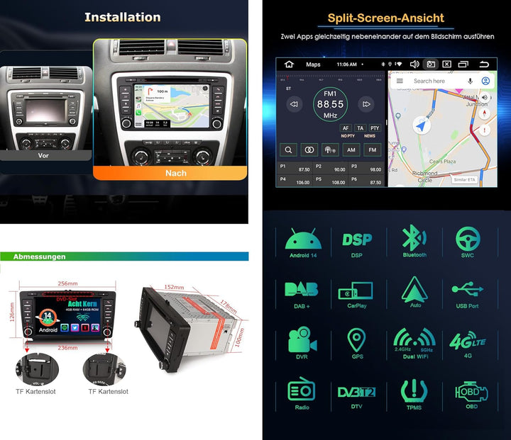 Erisin 8 Zoll Android 14 Acht Kern 4GB+64GB Autoradio Für Skoda Octavia Yeti Rapid Spaceback Superb