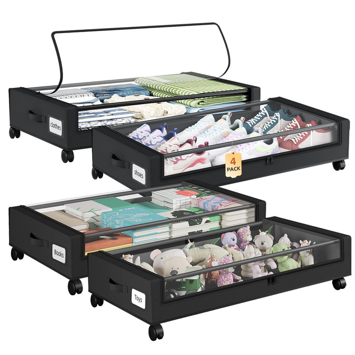 Somdot 4 Stück Schwarz 48L Unterbett Aufbewahrungsbox mit Deckel, Unterbettkommode mit Rollen, Aufbe