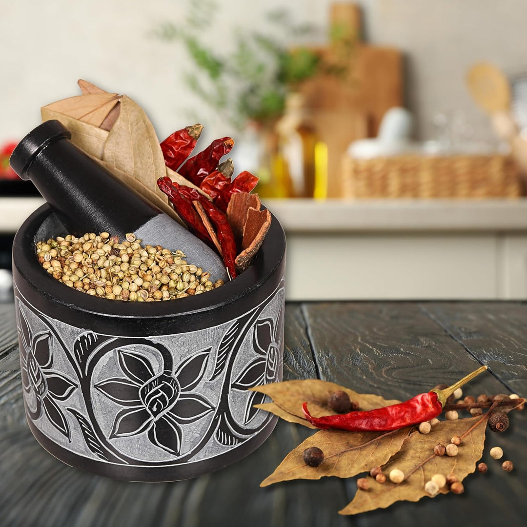 Mörser und Stössel, hergestellt aus robustem, poliertem Hartstein, Natursteinmahlwerk für Gewürze, P
