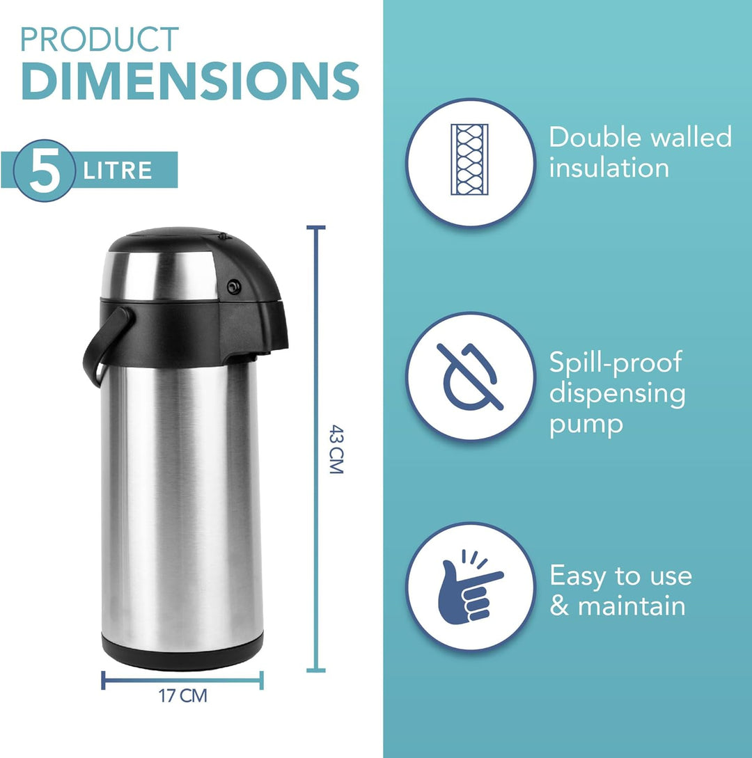HEFTMAN Kaffeekanne Thermo 5L - Thermoskanne Edelstahl Airpot Pumpflasche | Doppelwandige Isolierung