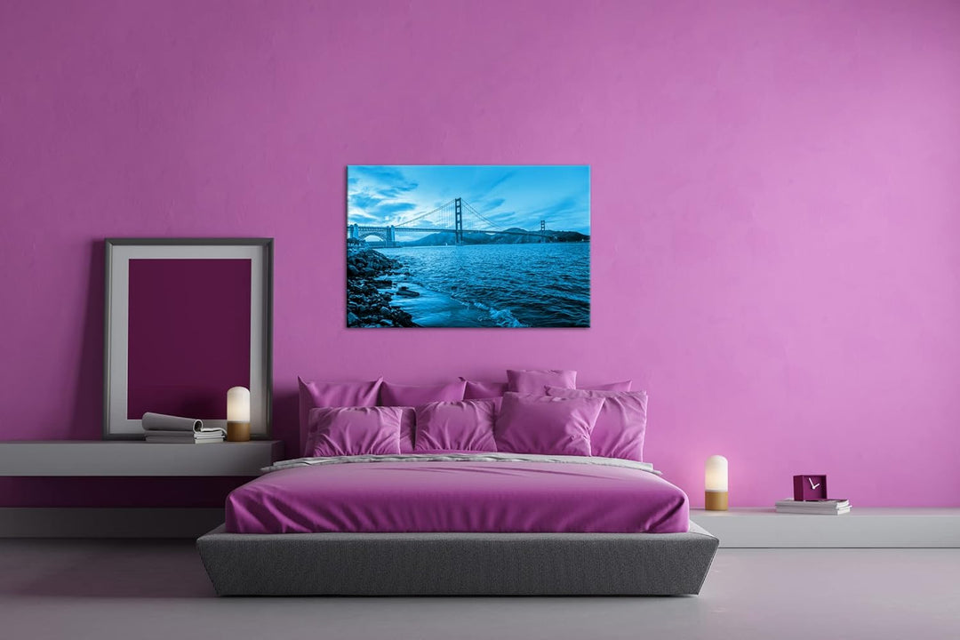 deyoli atemberaubende Hängebrücke Format 100x70 Effekt: Monocrome Blau als Leinwandbild, Motiv ferti