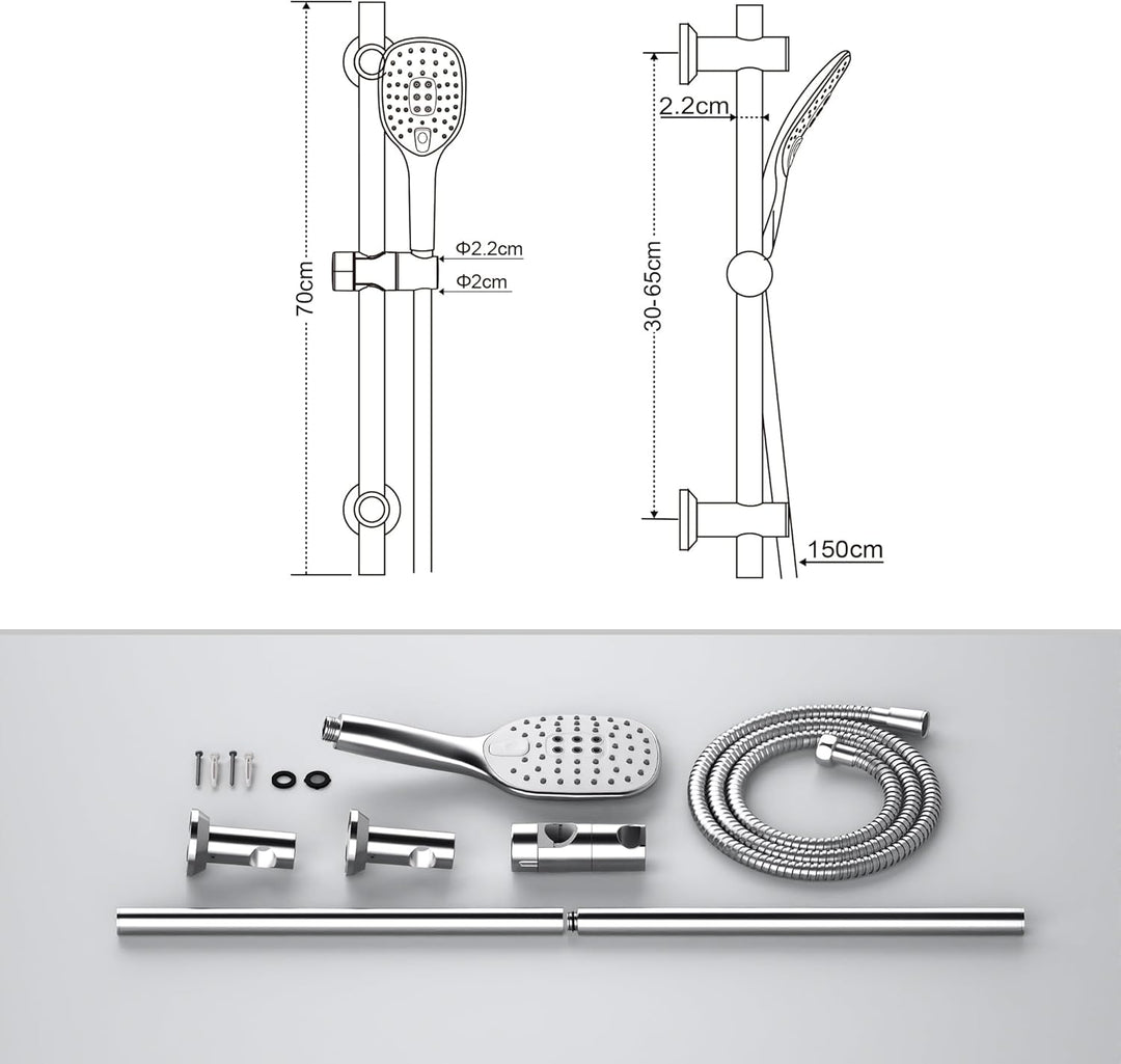 JOHO Duschsystem Duschset Duschbrause mit Schlauch und Halterung, Brausestangeset 0.7m Duschstange m