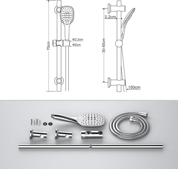JOHO Duschsystem Duschset Duschbrause mit Schlauch und Halterung, Brausestangeset 0.7m Duschstange m