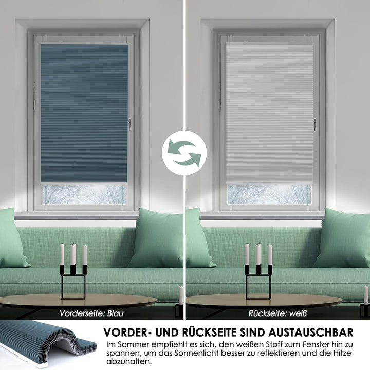 Wabenplissee Plissee ohne Bohren Verdunkelung Klemmfix Thermo Verdunklungsplissee, Blau-Weiss 40x120