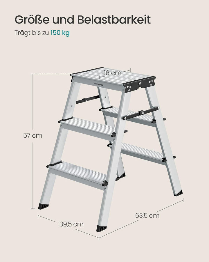 SONGMICS Leiter, Trittleiter, Aluleiter mit 3 Stufen, Stehleiter, Mehrzweckleiter, bis 150 kg belast