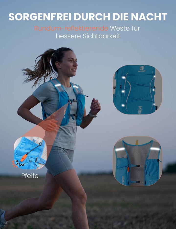 SKYSPER Laufweste für Damen Herren 12L Laufrucksack mit 500ml Trinkflasche Reflektierende Trinkweste