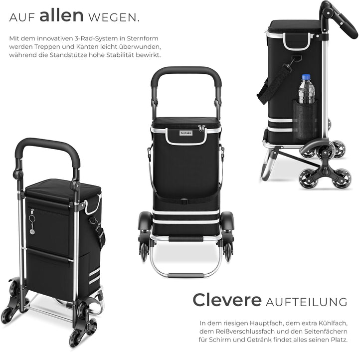 tectake® Einkaufstrolley 3-in-1 klappbar mit Kühlfach, 40L, 30kg belastbar, Aluminium, Einkaufsrolle