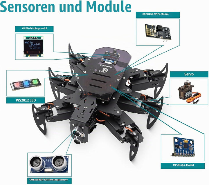 Adeept Hexapod Spider Robot Kit Compatible with Arduino, Spider Walking Crawling Robot, Programming