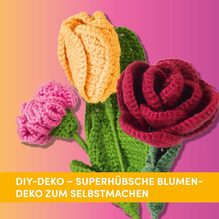 Grüsse aus dem Blumengarten. Zum Selber-Häkeln: Anleitung, Acrylgarn, Häkelnadel, Blumendraht, Stiel