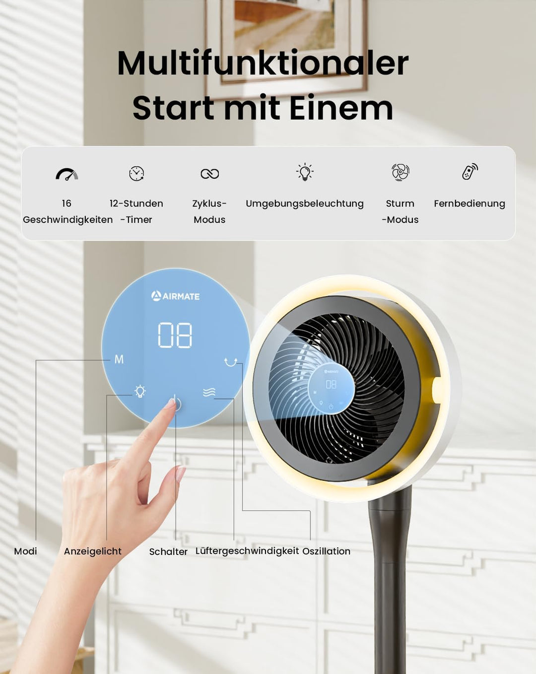AIRMATE Ventilator mit Licht, Extra Grosses Luftvolume Umwälzlüfter, Ventilator Leise mit 3 Modi 16