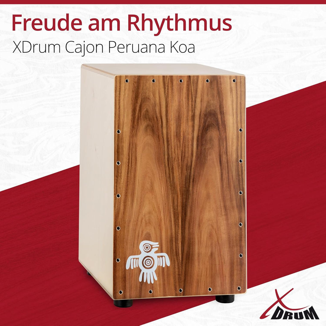 XDrum Cajon Peruana Koa (3 mm Schlagplatte, 9 mm Birkenkorpus, 48 cm hoch, inkl. Rucksack-Tasche)