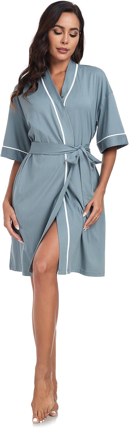 COLORFULLEAF 100% Baumwolle Bademantel Damen Kurz Morgenmantel Leicht Knielang Kimono Saunamantel Na