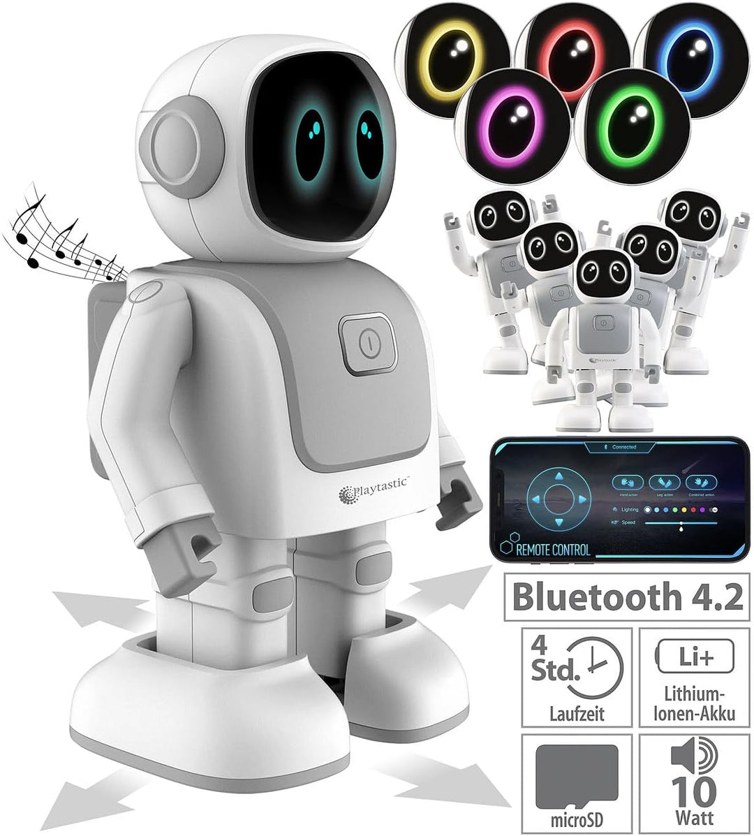 Playtastic Mini Roboter: App-programmierbarer Roboter, 130 Bewegungen, Bluetooth, Lautsprecher (Tanz