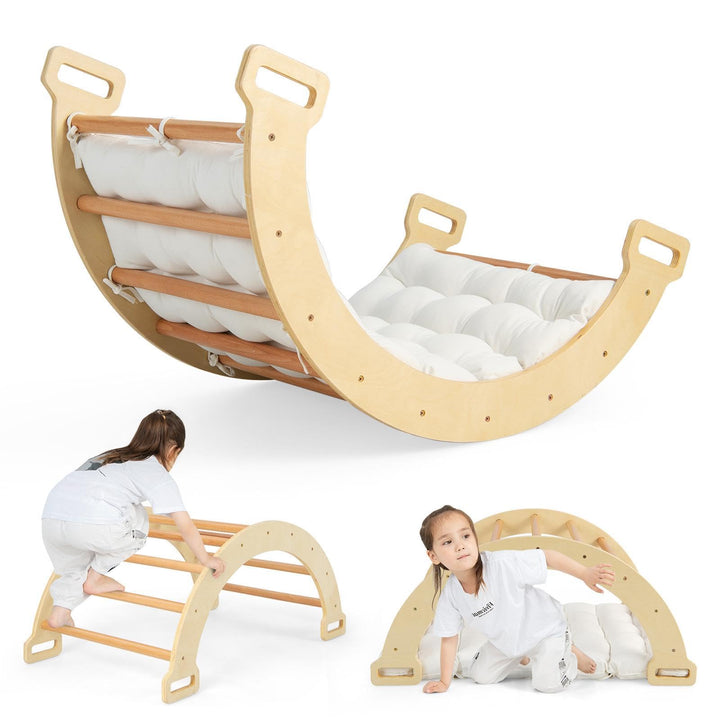 HOMASIS Kletterbogen mit Kissen, Holz Klettergerüst Indoor, Montessori Holzwippe Bogenwippe zum Wipp