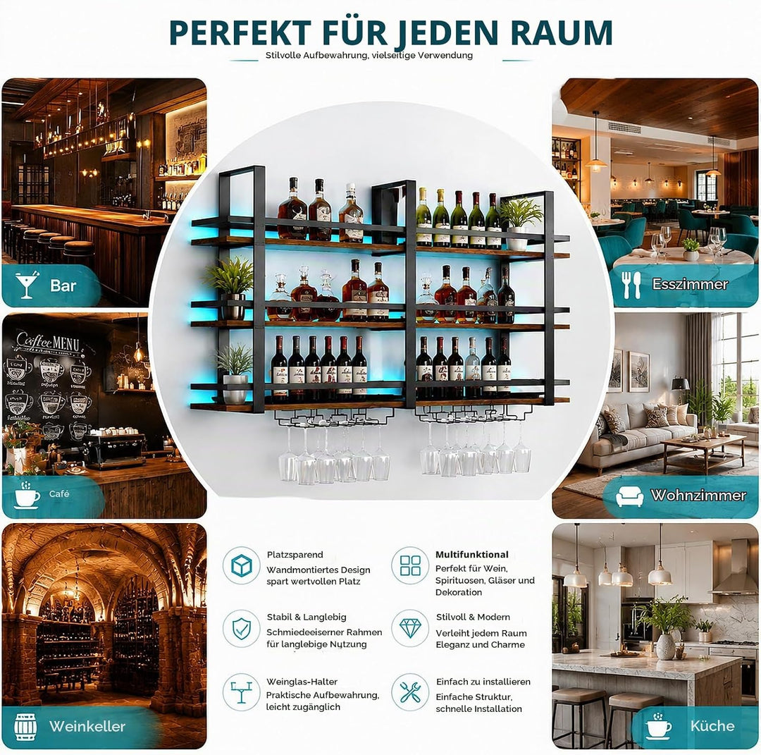 Weinregal Wand mit Glashalter, 3 Ebenen Industriell Wandmontierte Weinregal mit LED, Metallflaschenh